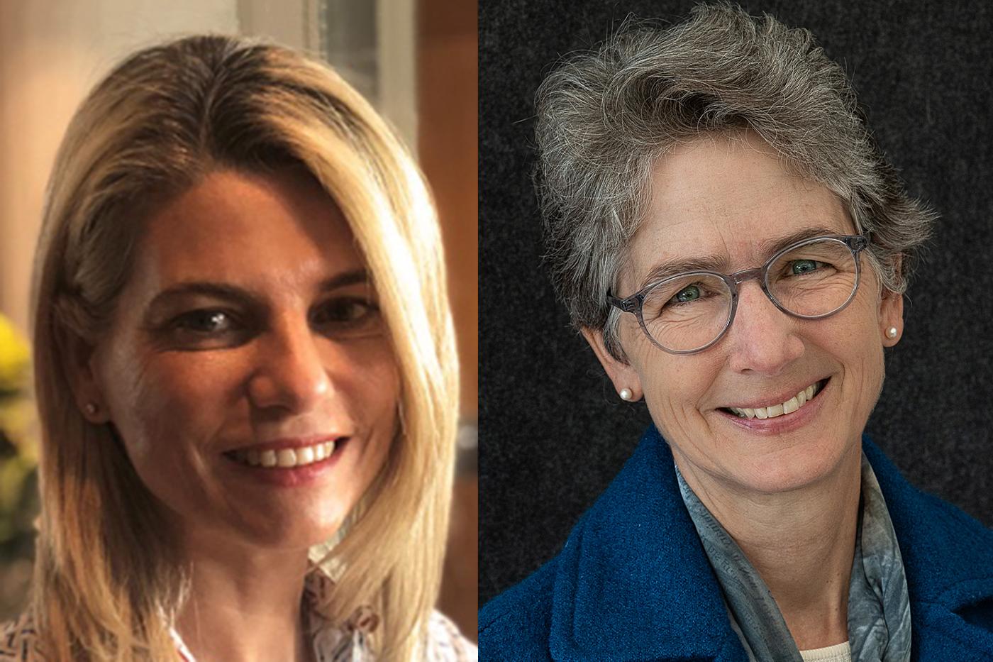 Headshots of new Northeastern Board of Trustee members: Mills College alumnae, Irene Panagopoulos '85 and Kathleen Sanborn '83