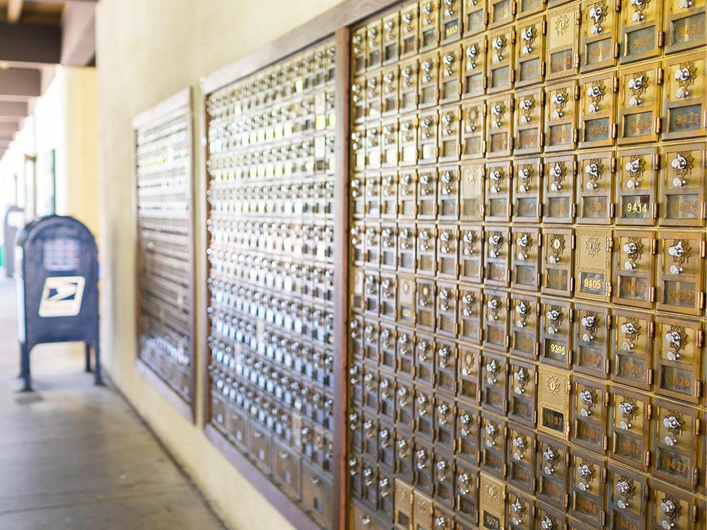 Rows of mailboxes outside the Mail and Copy Center