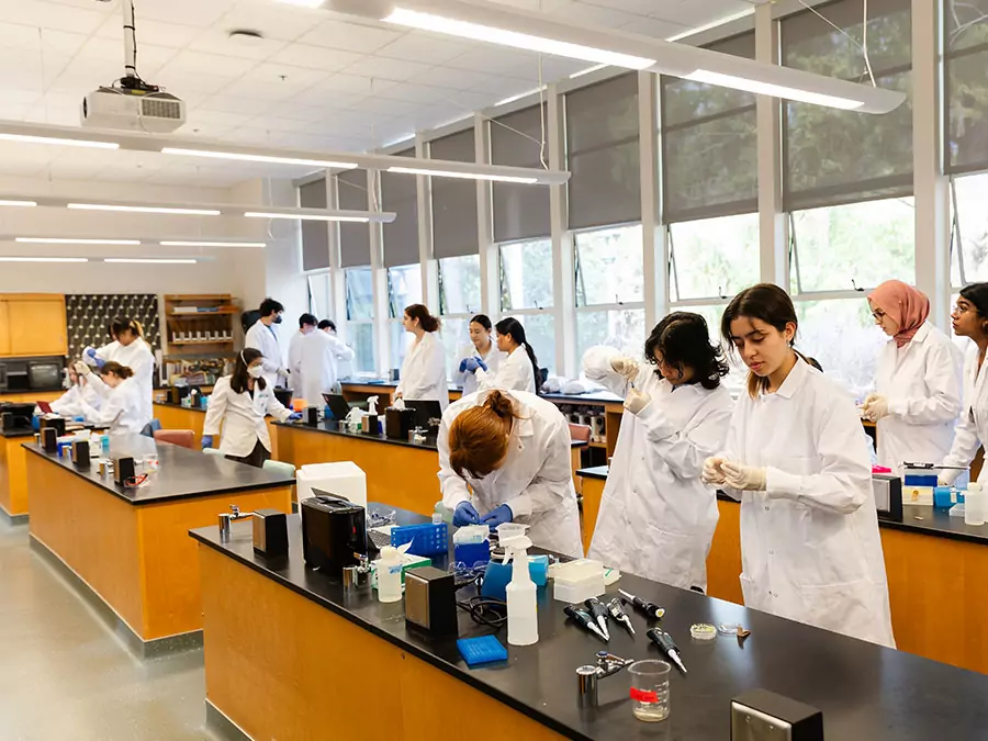 Students in lab coats work in a biology lab in the Betty Irene Moore Natural Sciences Building