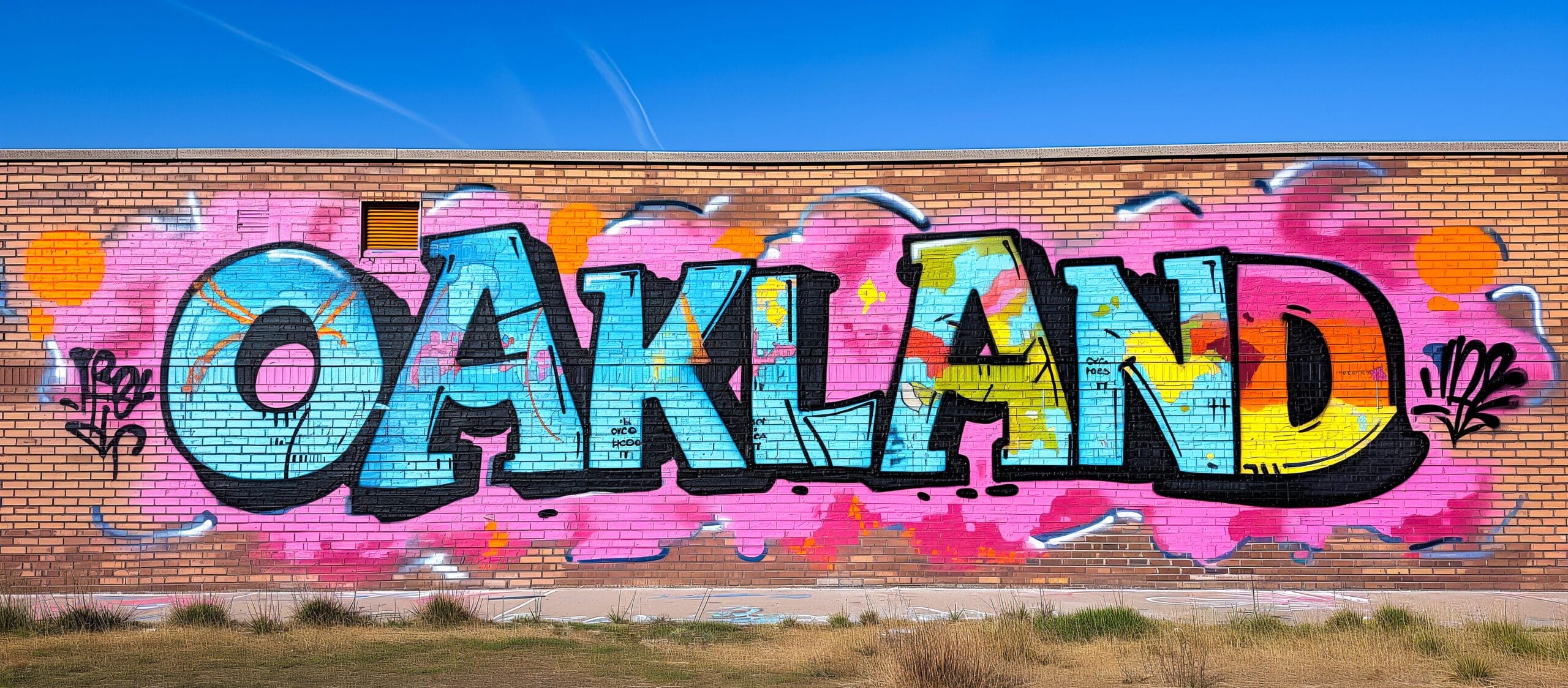 Welcome to Oakland, California, USA Colorful graffiti text sign Oakland written on a cement highway wall Urban trendy graffiti art with happy pink, blue, purple for tourism vacation by Vita